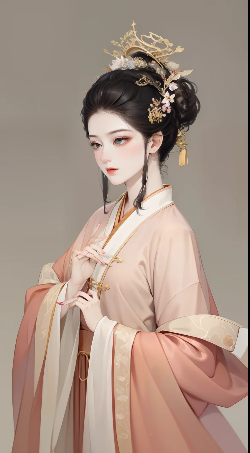 A beautiful girl in ancient China，The facial features are delicate and fair，Cool temperament，Black hair coiled into a bun，Wears a gold coat on his head，Chinese Song Dynasty clothing，Big red wedding dress，Long black hair, rays of sunshine，Clear face，ultraclear，tmasterpiece，ultra - detailed，high qulity，HighestQuali，The main color is red，Background simple elements。Invisible hands，No hands。