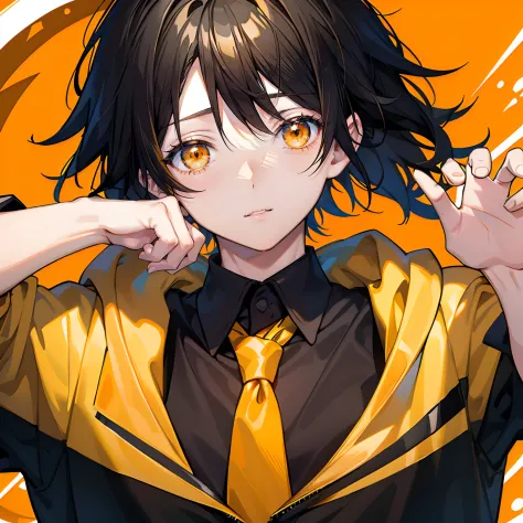 1 boy with black hair、 Yellow highlights on hair、 short-haired、 Hair with a little habit、 Orange Aurora Eyes、 Viewer's Perspective、 Black shirt、 Yellow tie、 Orange Hoodie、 Orange jacket、 white simple background、 long-sleeve、 Put out the velo