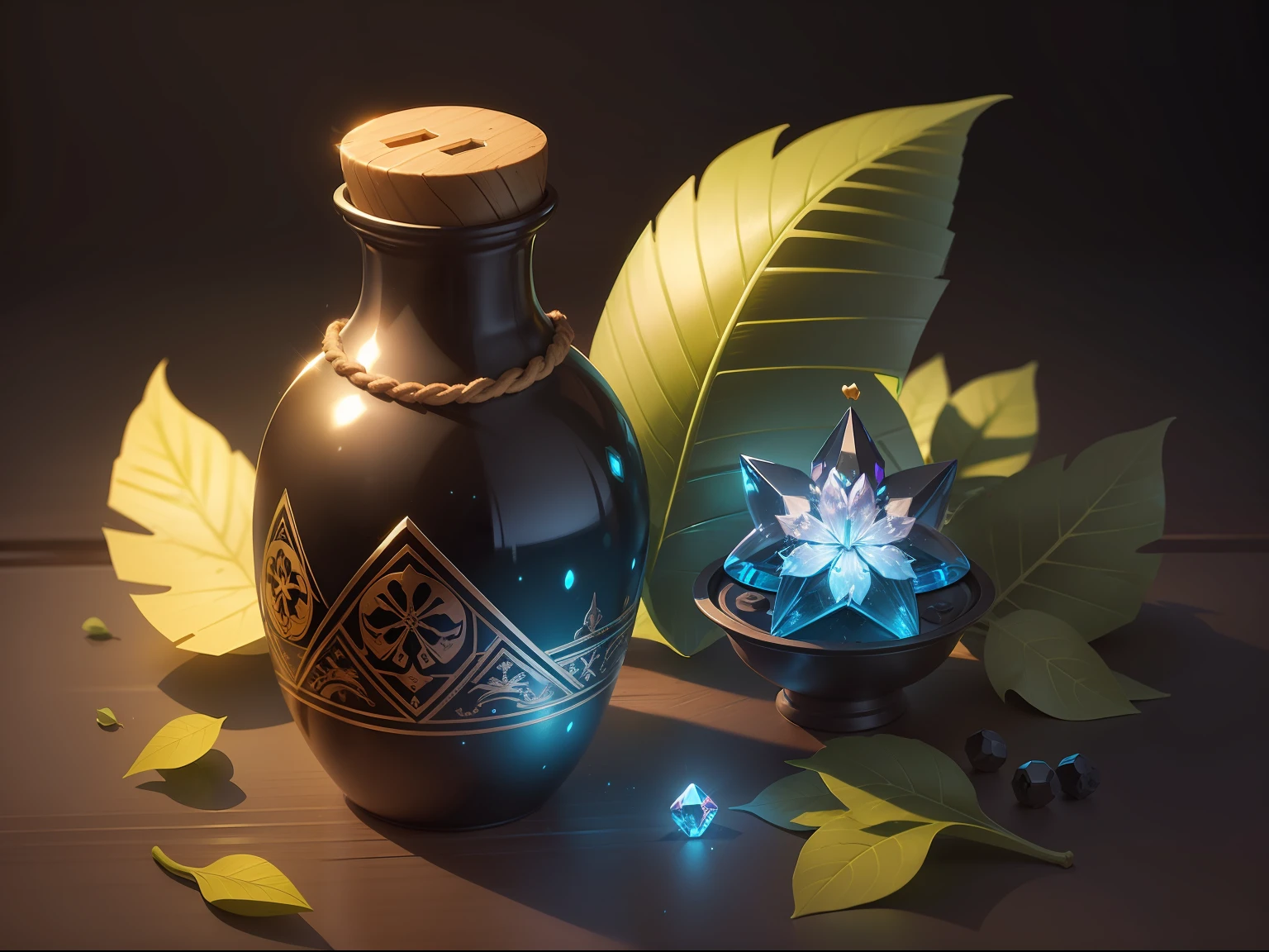 game icon institute, game icon, bottle, no humans, still life, sparkle, flower, leaf, simple background, light particles, crystal, transparent, ribbon, black background,