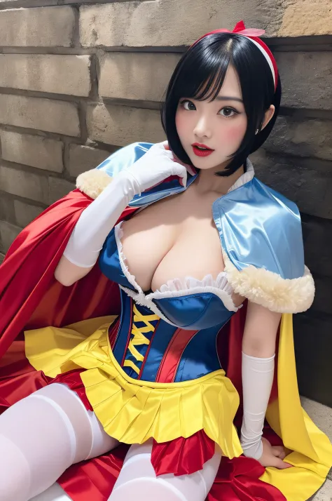 Beautiful Japanese 18 year old woman, ((((wearing snow white cosplay, blue silk corset, red silk cape, yellow silk pleated skater skirt, white leggings, black bob hair, red hairband)))), ((lying on her back)), ((( legs open))), white panties, touching pant...