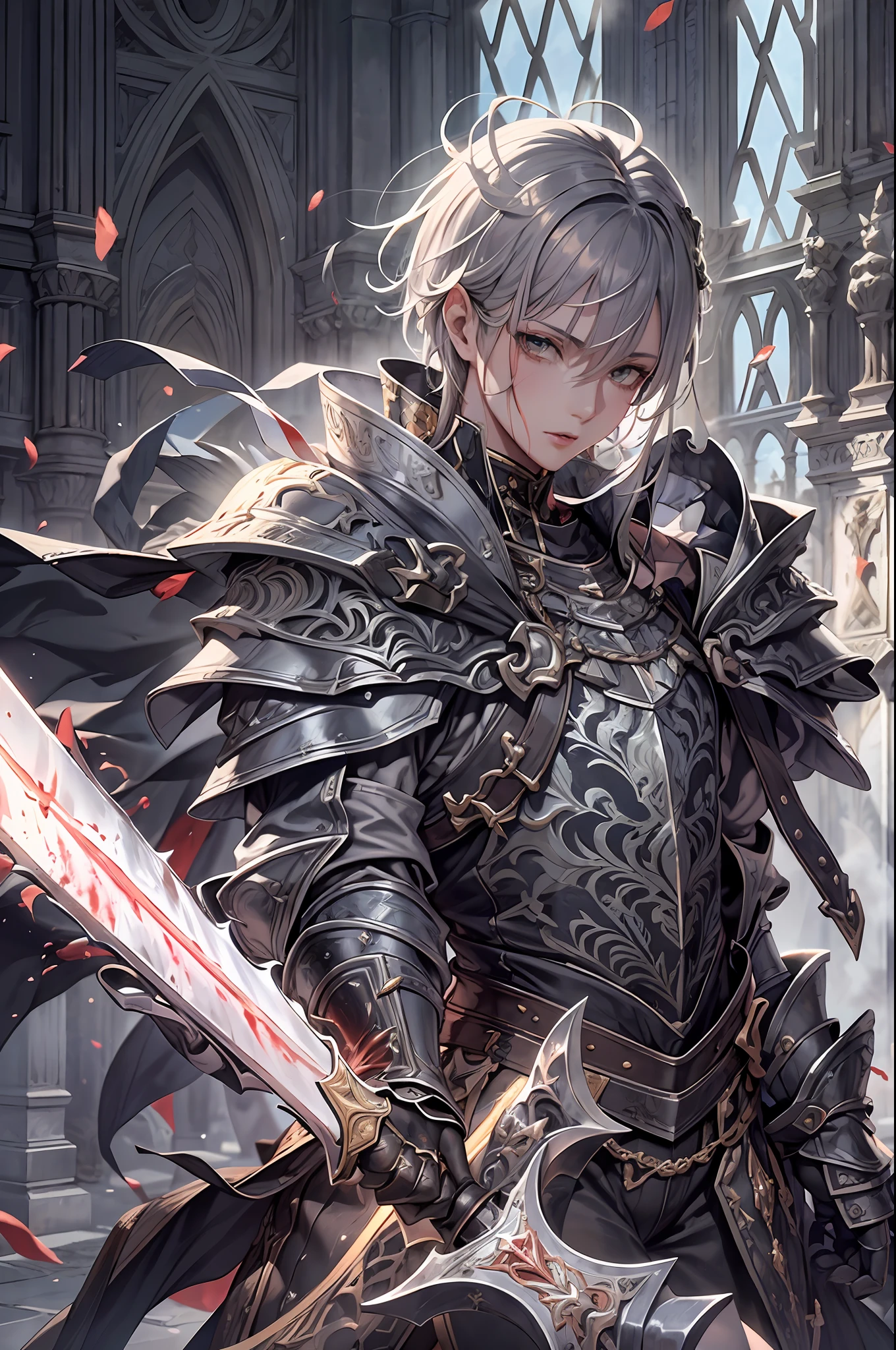 a teenager male knight in cracked sliver armor, he raise a sword stained with blood, a giant gate of castle behind him, light from the sky, lots of swords point at the knight, with determined look, silver hair, black hair, gradient hair, chiaroscuro, cinematic lighting, god rays, ray tracing, reflection light, panorama, masterpiece, best quality, high quality, high details, highest, accurate, anatomically correct, textured skin, UHD, 1080P