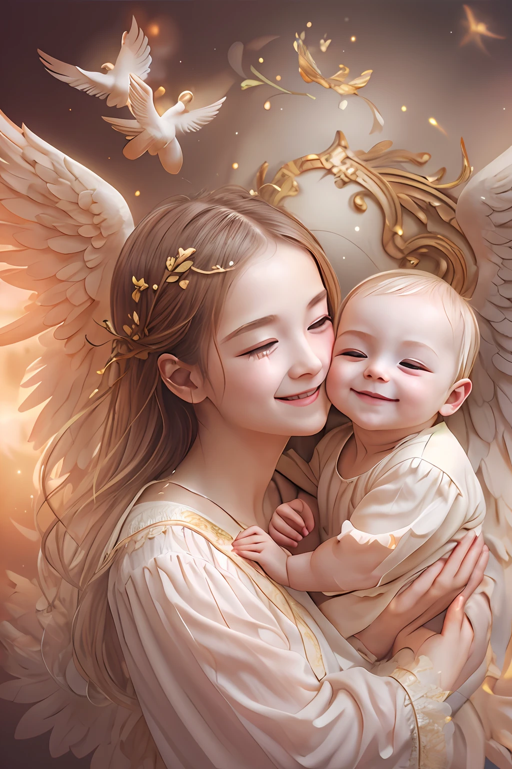 Bênçãos dos Anjos､fundo brilhante、marca de coração、ternura､Um sorriso、gentil､bebê anjo