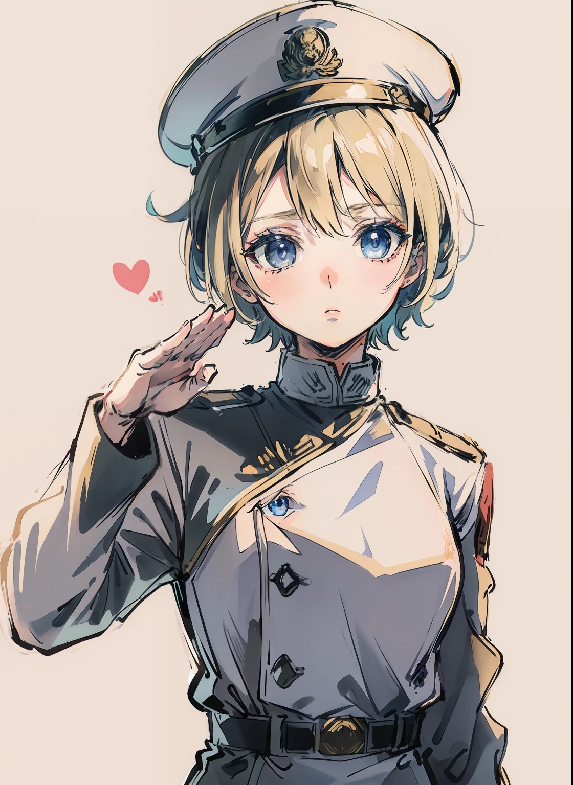 ((facing front))、((Give a salute))、Background base、Anime style、animations、(top-quality)、(超A high resolution)、(high-detail)、4K、Earth Allied Forces、SF White Military Uniform、Wearing a military cap、a blond、Shorthair、blue eyes