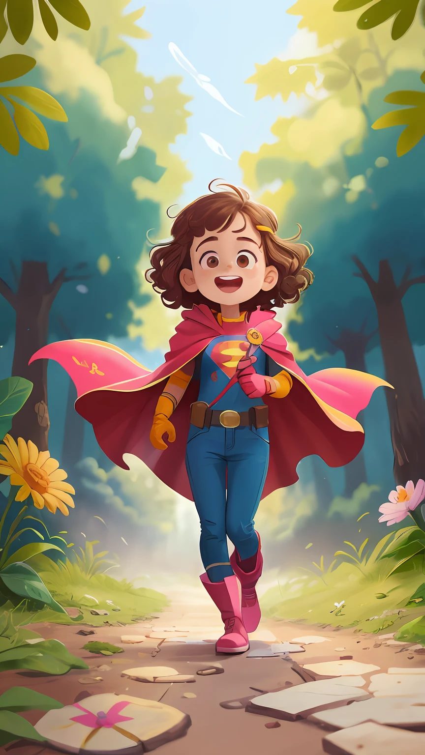 Menina de 3 anos, pele clara, cabelo dourado curto, curly and messy. correndo, jardim na floresta com flores coloridas. Vestindo uma blusa branca, blue pants, bota rosa, Pink superhero cape and superhero mask on eyes superhero outfit, feliz, feliz, qualidade perfeita, foco claro (desordem - casa: 0.8), (obra-prima: 1.2) (Realista: 1.2) (Bokeh) (Melhor qualidade) (Pele detalhada: 1.3) (Detalhes intrincados) (8K) (Olhos de detalhe) (foco nítido), (Feliz)