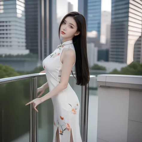 best qualtiy，tmasterpiece，（Fidelity：1.2），Medium view of a 20 year old brunette in a transparent cheongsam，high perspective，head ...
