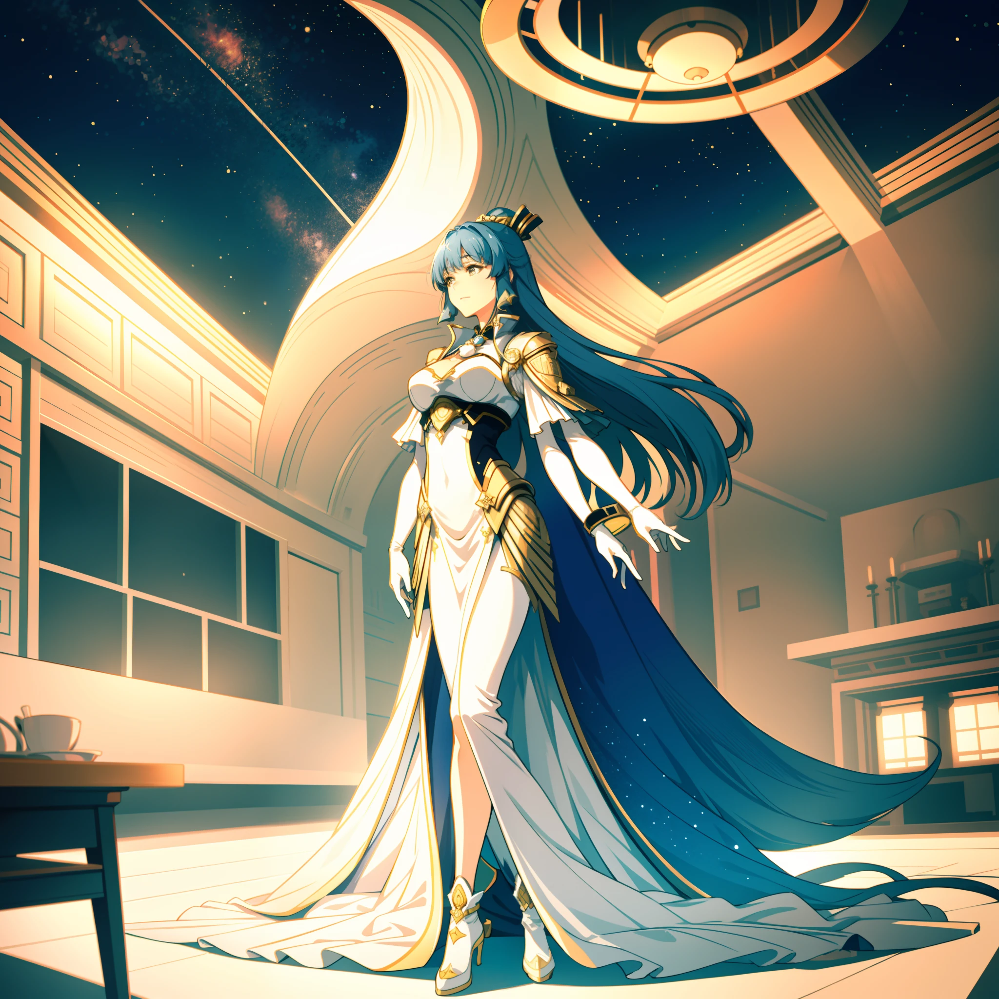 ((Ayaka)), A stunningly beautiful woman with a long one, Flowing blue hair, When she stood in front of me，radiates grace and elegance. Her delicate white dress is trimmed with beautiful gold trims，Highlights her curves (cleavage:0.3). The scene is set inside the spaceship, Filled with awesome technology and the quiet hum of deep space.