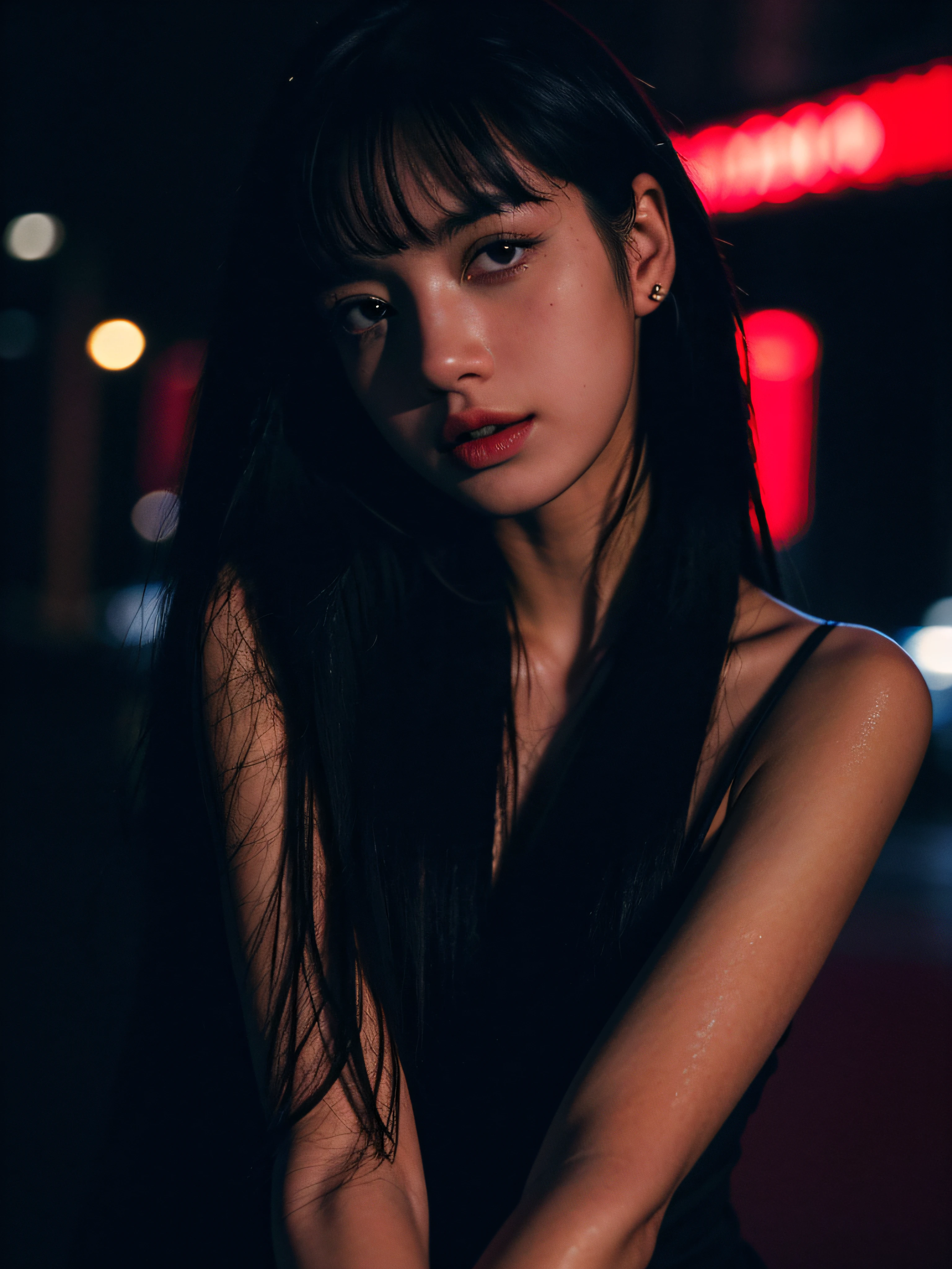 Best quality, masterpiece, ultra high res, (photorealistic:1.4), raw photo, 1girl, in the dark, deep shadow, low key, cold light, closeup, on the streets of Japan, night time , rainy night, Japan streets , neon lighting background