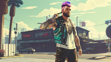 swpunk style,
A stunning intricate full color portrait of a grizzled man with a faux hawk,
synthwave lightgeo and light rays, 
w...