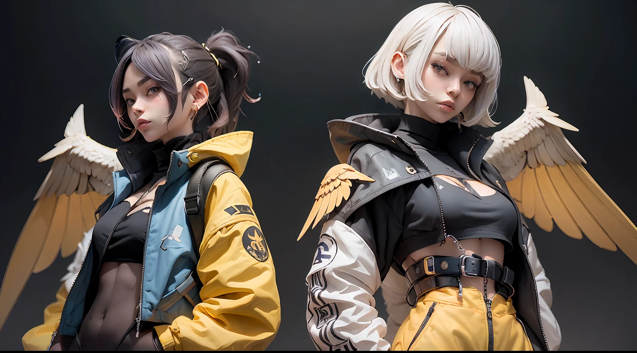 nijiloraeagle ulzzang-6500, dans le style de la modélisation colorée de surfaces dures, cyberpunk samouraïpunk, hyper - illustrations détaillées réalistes, rendu hyper détaillé, portrait, seulement, charmante nijigirl avec acier inoxydable - aigle - ailes, ((portant des vêtements techniques bleus et une veste surdimensionnée bleue)), avec un katana noir et doré hyperdétaillé, jaune cobalt et corail et noir, Arrière-plan de couleur pure