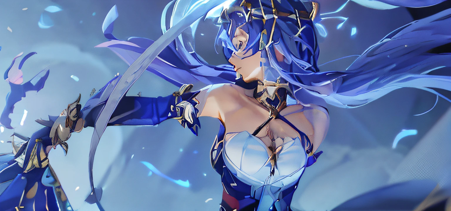 Anime girl with blue hair and blue dress holding sword, Keqing from Genshin Impact, Ayaka Genshin impact, Genshin impact's character, ayaka game genshin impact, Portrait Chevaliers du Zodiaque Fille, Anime goddess, knights of zodiac girl, Genshin, A scene from the《azur lane》videogame, zhongli from genshin impact, blue scales covering her chest