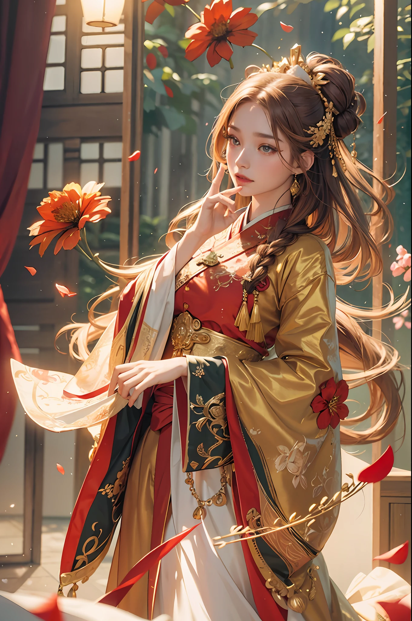 best quality, masterpiece, highres, (exquisite body:1.5),gorgeous face,(milky skin:1.3),intricate details,high resolution,wallpaper,
1girl, solo, dress, hair ornament, (((gold and red dress))), flowers, long hair, brown hair, closed mouth, jewelry, long sleeves, hand up, wide sleeves, big eyes,floating hair, chinese clothes, hanfu, embroidery, long skirt, natural pose, falling petals, indoor,fanning, lantern,
16K,HDR,highres,depth field,(film grain:1.1),boken,golden hour,(lens flare),vignette,rainbowing,(color grading:1.5)