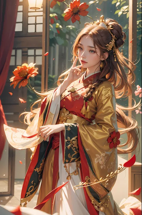 best quality, masterpiece, highres, (exquisite body:1.5),gorgeous face,(milky skin:1.3),intricate details,high resolution,wallpaper,
1girl, solo, dress, hair ornament, (((gold and red dress))), flowers, long hair, brown hair, closed mouth, jewelry, long sl...