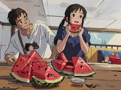 closeup cleavage，Grandpa watched his granddaughter eat watermelon，Girl holding watermelon，cheerfulness，blissful，Hayao Miyazaki a...