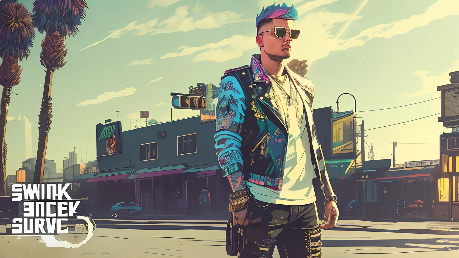 swpunk style,
A stunning intricate full color portrait of young man with a faux hawk,
synthwave lightgeo and light rays, 
wearing a black leather vest,
epic character composition,
thick strokes with paint splatters,
by ilya kuvshinov, alessio albi, nina masic,
sharp focus, natural lighting, subsurface scattering, f2, 35mm, film grain