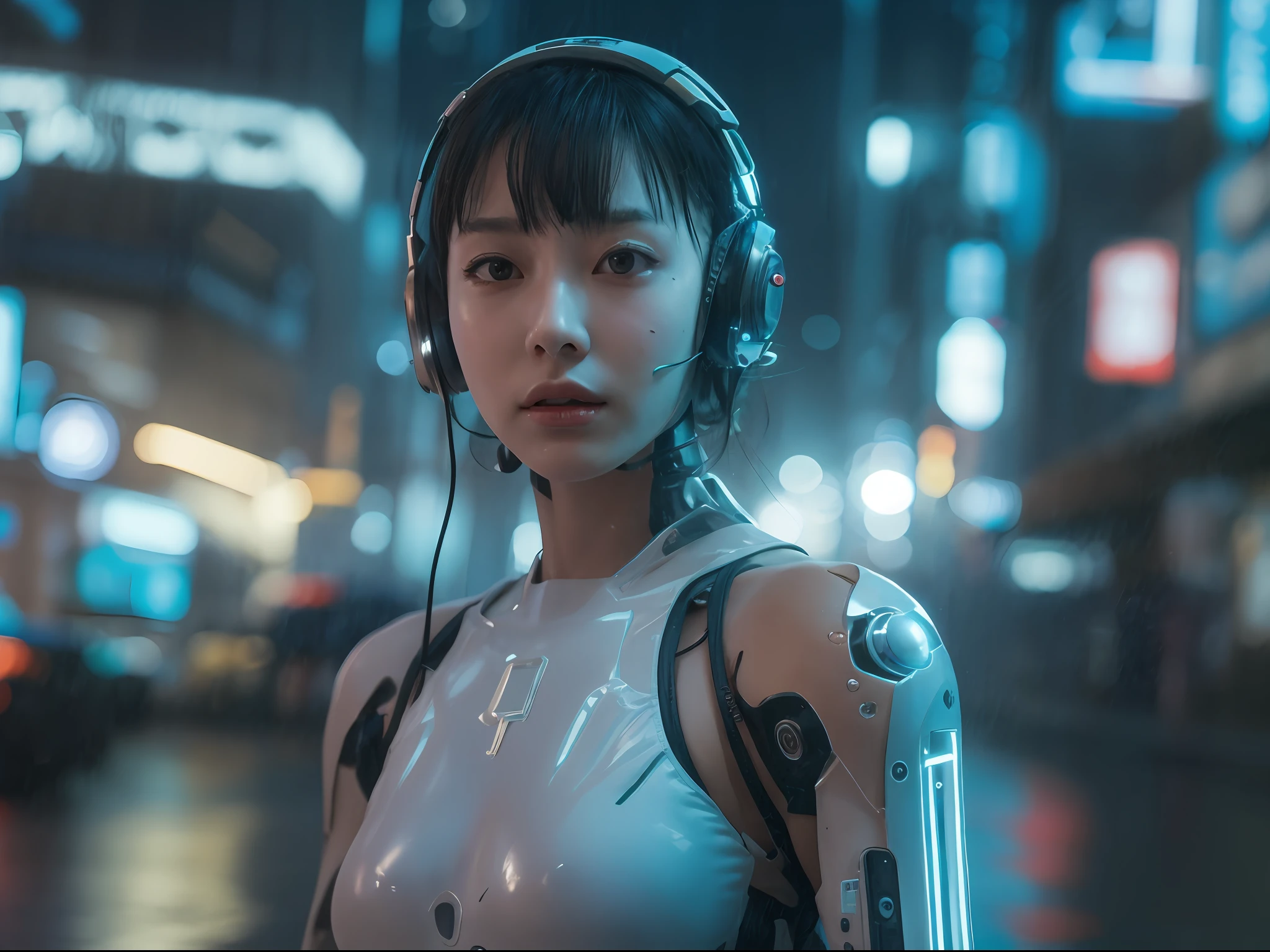cinematic colorgrading film, dramatic scene, photography, RAW, Masterpiece, ultra wide angle, walking on the cyberpunk cityscapes, Ultra Fine Photo, (cyborg arms:1.2), medium breast, Best Quality, Ultra High Resolution, Photorealistic, volumetric light, Stunningly Beautiful, half body, Delicate Face, Vibrant Eyes, RAW photo, 1girl, solo, 1girl, (tang top), future tech, futuristic, hologram augmented realities, (extremely detailed CG unity 8k wallpaper), of the most beautiful artwork in the world, professional photography, trending on ArtStation, trending on CGSociety, Intricate detail, High Detail, Sharp focus, dramatic, photorealistic, cyberpunk, futuristic, pale skin, slim body, (high detailed skin:1.2), 8k uhd, dslr, soft lighting, high quality, film grain, glossy, (Highest quality:1.3), (sharp focus:1.5), (photorealistic:1.3), (highly detailed skin), (detailed face), (high detailed skin:1.2), (glistening skin:1.2), cyborg arms, (highly detailed skin textures:1.15), (detailed face), (high detailed skin:1.2), (glistening skin:1.15), glossy, (cyborg arms:1.2), wearing headset, japanese, cyberpunk street, (nights:1.2), fog, (rain:1.2), film grain, glossy, water reflection, reelmech