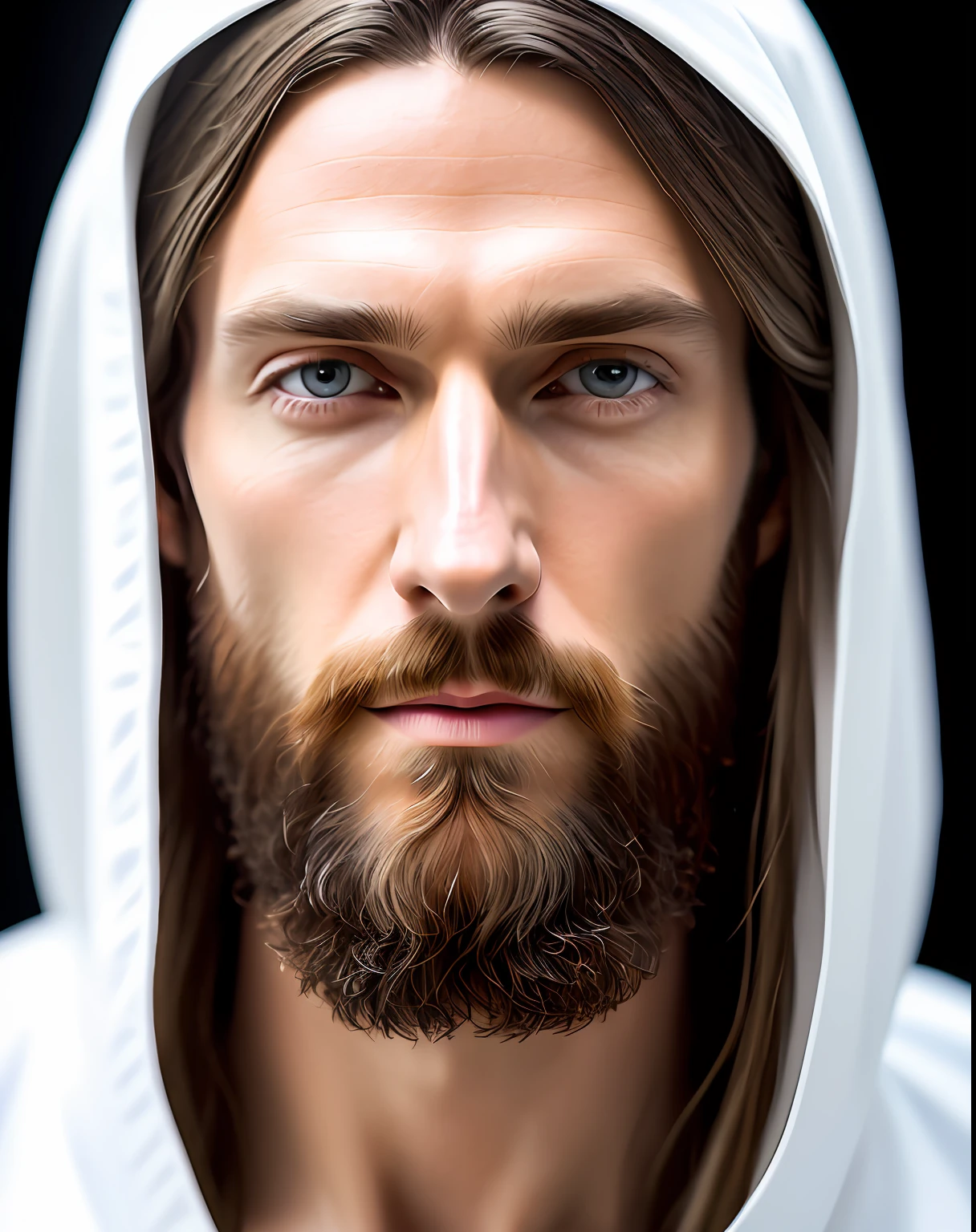(Symmetrie),Zentriert,A ((Schließen)) up portrAit,(Jesus),A very thin white mAn with long hAir And A beArd,weAring A long white robe,35mm,nAturAl skin,clothes  detAil, 8k Textur, 8k, insAne detAils, intricAte detAils, hyperdetAiledhighly detAiled,reAlistic,soft cinemAtic light,HDR,shArp focus, ((((cinemAtic look)))),intricAte, elegAnt, highly detAiled