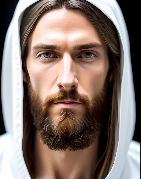 (symmetry),centered,a ((close)) up portrait,(Jesus),a very thin white man with long hair and a beard,wearing a long white robe,3...