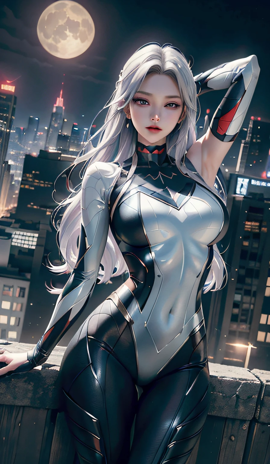 （tmasterpiece，4K resolution，Ultra photo realsisim，The is very detailed），（White superhero theme，Glamorous，there's a girl on top of town，wearing Spider-Man costume，she is a superhero），[（（18yr old），（Long gray hair：1.2），full bodyesbian，（eBlue eyes：1.2），（（Spider-Man pose），（（sandy urban environment）：0.8）dynamicposes，（view over city，the night，dynamic lightoon full））] # illustrated：The Prompt mainly describes a 4K painting of ultra-high definition，Very realistic，The is very detailed。It showcases superheroines at the top of the city，wearing Spider-Man costume。The subject in the painting is a white superhero theme，The heroine has long white hair，The entire figure is shown in the painting，head to toe，In terms of depicting the actions of superheroines，five fingene hands