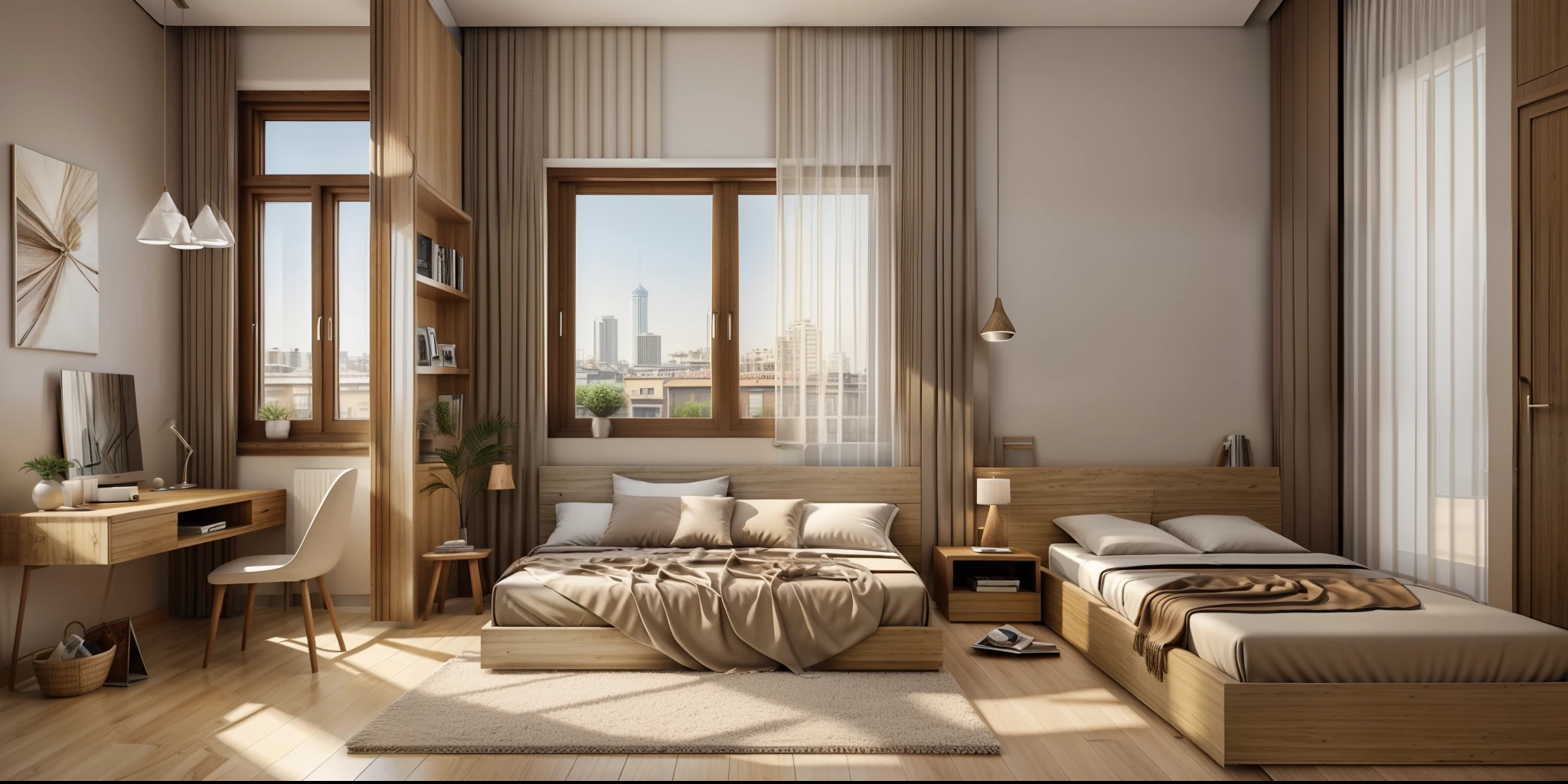 Masterpiece, high quality, best quality, authentic, super realistic, super detail, interior,modern bedroom, rug,wooden floor,window,curtains,daylight,vray