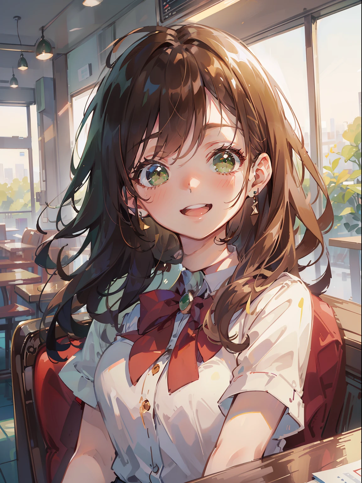 (masterpiece), best quality, beautiful detailed hair detailed face, ultra high res, sharp focus, ((1 woman, solo)), perfect feminine face, upper body, medium long shot, MLS, in cafe, holding coffee, ((beautiful shape eyes, green eyes)), chesnut brown hair, long hair, smiles