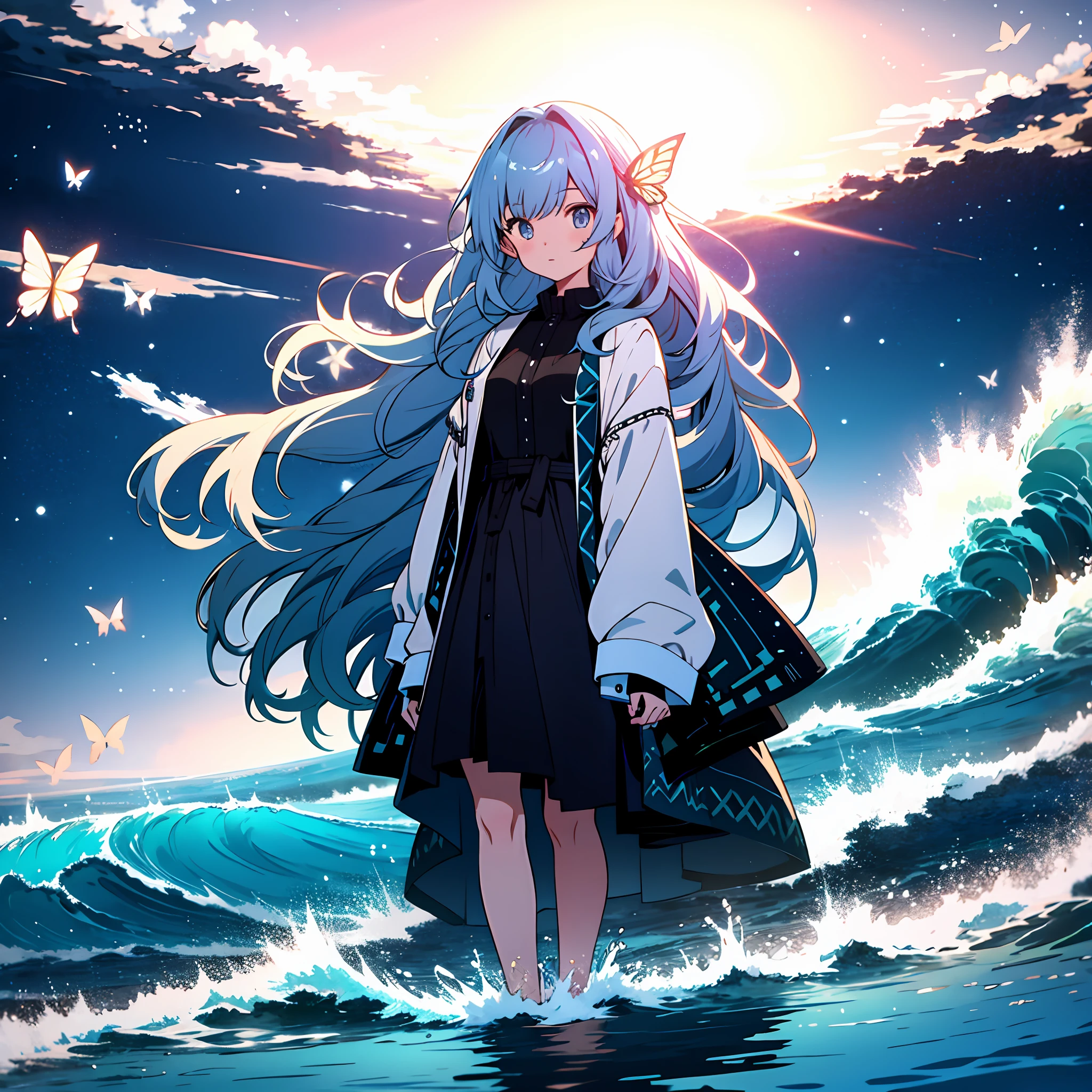 [(white background:1.5),::5] (isometric:1.0), 1girl, mid shot, full body, ocean, sea waves, water splashes, sky, light particles, butterflies, night, starry sky