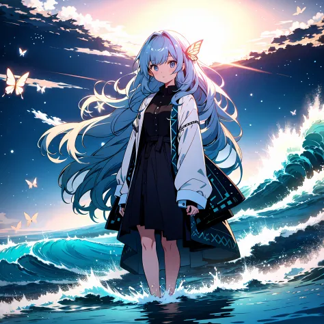 [(white background:1.5),::5] (isometric:1.0), 1girl, mid shot, full body, ocean, sea waves, water splashes, sky, light particles...