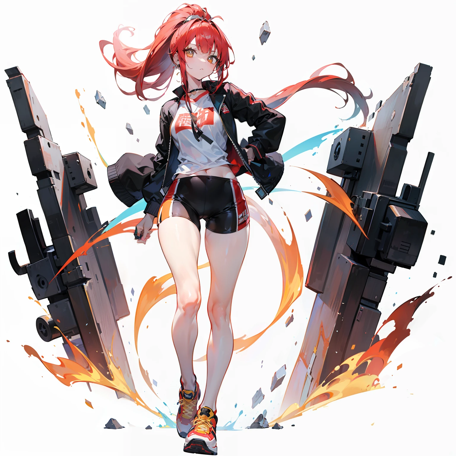 1girll，独奏，((solo person))，（Red high ponytail），（Long flowing red hair），（long whitr hair），full bodyesbian，black black jacket，Short hot pants，standing on your feet，｛White background 1：：5｝，Flame particles，Golden pupils，athletic sneakers，（Heads-up）,(long slim figure)，Holy，rebellious