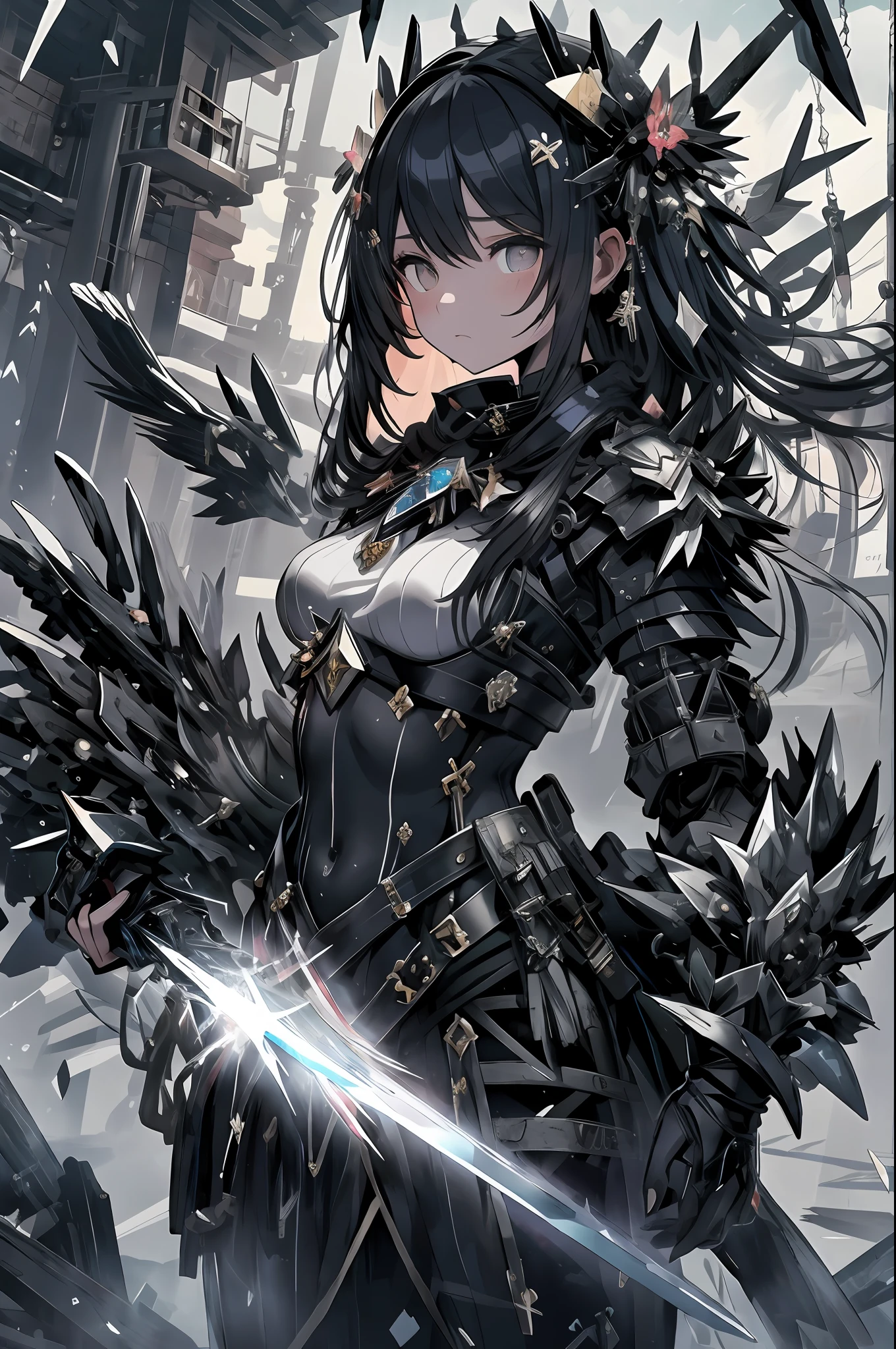 ​masterpiece, top-quality, hightquality, abyssal, awardwinning photo, depth of fields, nffsw, ighly detailed, trending on artstationh, Trending in CGSighbour, Convoluted, high detailing,This illustration is、It depicts a fantasy world with a solemn and gloomy atmosphere.。Woman in black armor、Stand with a very large sword in each hand。Her armor absorbs light、Glittering cold.、Her presence makes you powerful and dignified。Her expression was stern.、I'm determined.、Her eyes show determination and determination。

Powder々The glass that flew around it.、This symbolizes the battles and trials of the past。Shards of glass reflect light、Creating unstable beauty。Every time the wind blows、Powder々The creak of the glass that became、It reminds me of her past struggles and strengths。

This illustration is、Through the will of steel and the figure of a female warrior who overcame the hardships of the past、It conveys a message of courage and hope.。