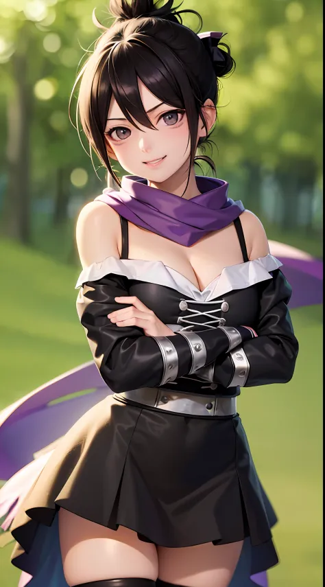 （tmasterpiece，best qualtiy：1.2），cowboy lens，独奏，focal，1girll，Off-the-shoulder attire，cleavage，ssmile，Keep one's mouth shut，crossed arms，folded ponytail，Black tights，purple scarf，ln the forest