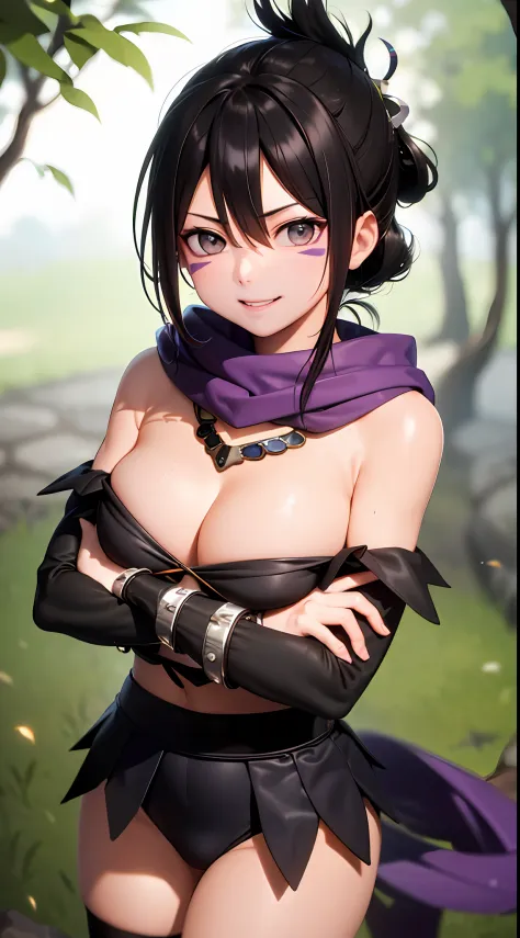 （tmasterpiece，best qualtiy：1.2），cowboy lens，独奏，focal，1girll，Off-the-shoulder attire，cleavage，ssmile，Keep one's mouth shut，crossed arms，folded ponytail，Black tights，purple scarf，ln the forest