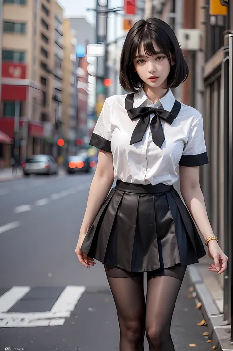 Pretty girl standing, thin legs, high heels on the ground, on the road, (masterpiece:1.3), (8k, photorealistic, RAW photo, best quality: 1.4), (1girl), beautiful face, (realistic face), (black hair, short hair:1.3), beautiful hairstyle, realistic eyes, Bea...