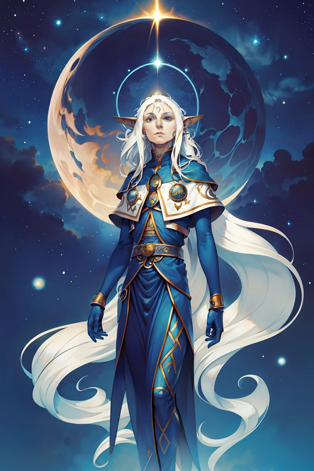 Astros,destino,tempo,Ancestral elf with long, flowing silver hair,pele azul-arroxeada,pequenas estrelas na pele, rosto sem olhos, rosto sem boca, rosto sem nariz