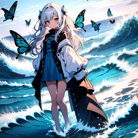 [(white background:1.5),::5] (isometric:1.0), 1girl, mid shot, full body, ocean, sea waves, water splashes, sky, light particles...