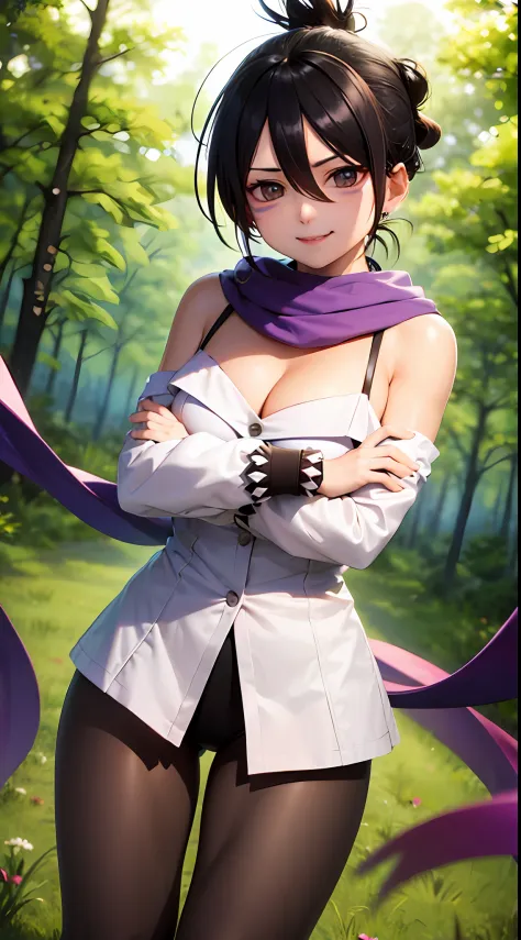 （tmasterpiece，best qualtiy：1.2），cowboy lens，独奏，focal，1girll，Off-the-shoulder attire，cleavage，ssmile，Keep one's mouth shut，Crossed arms，folded ponytail，Black tights，Purple scarf，ln the forest