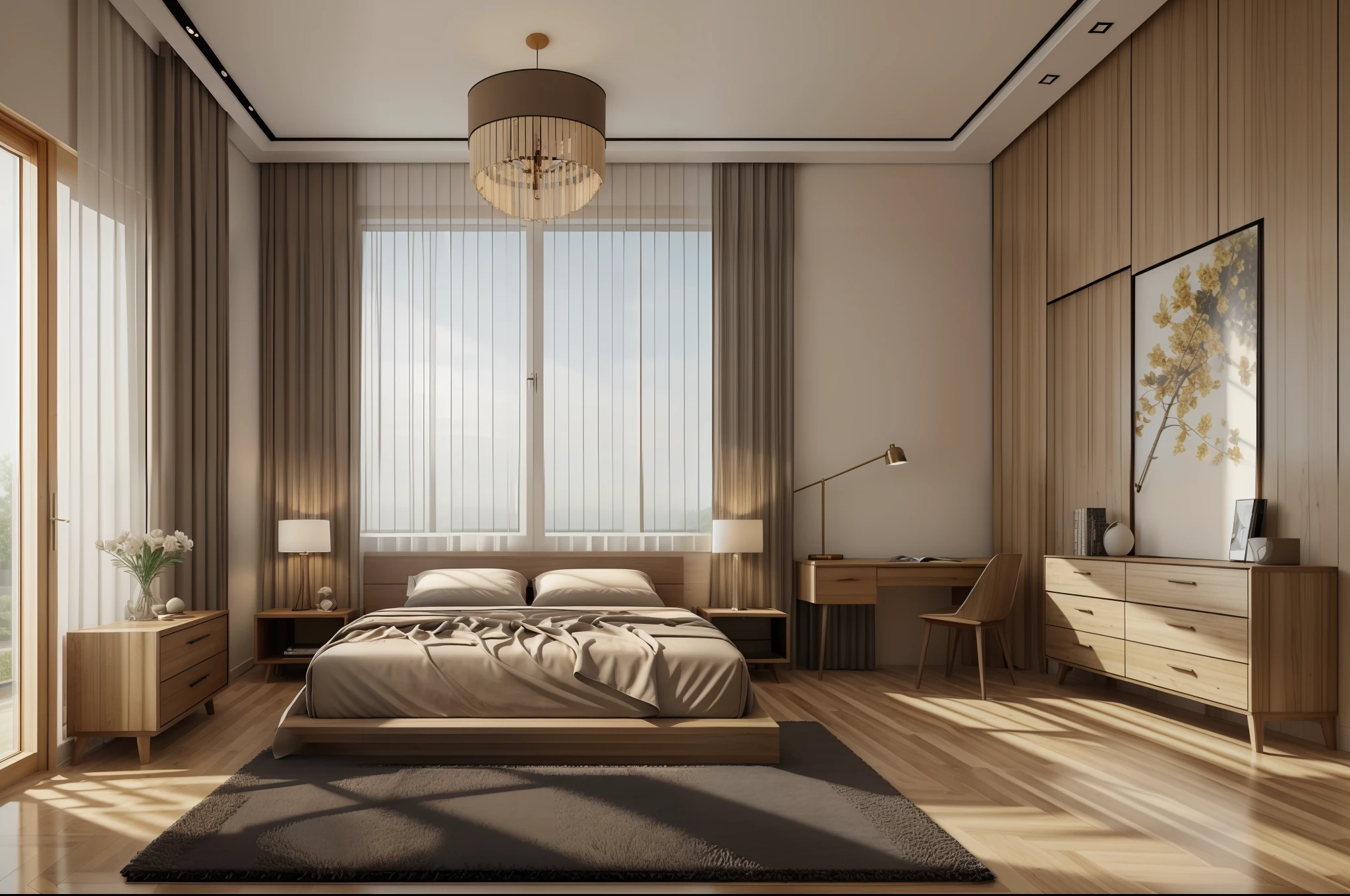 Masterpiece, high quality, best quality, authentic, super realistic, super detail, interior,modern bedroom, rug,wooden floor,window,curtains,daylight,vray