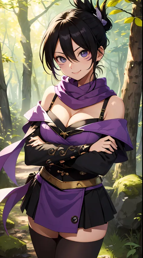 （tmasterpiece，best qualtiy：1.2），cowboy lens，独奏，focal，1girll，Off-the-shoulder attire，cleavage，ssmile，Keep one's mouth shut，Crossed arms，folded ponytail，Black tights，Purple scarf，ln the forest
