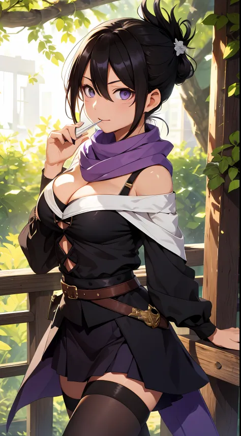 （tmasterpiece，best qualtiy：1.2），cowboy lens，独奏，focal，1girll，Off-the-shoulder attire，cleavage，Keep one's mouth shut，folded ponytail，Black tights，Purple scarf，ln the forest