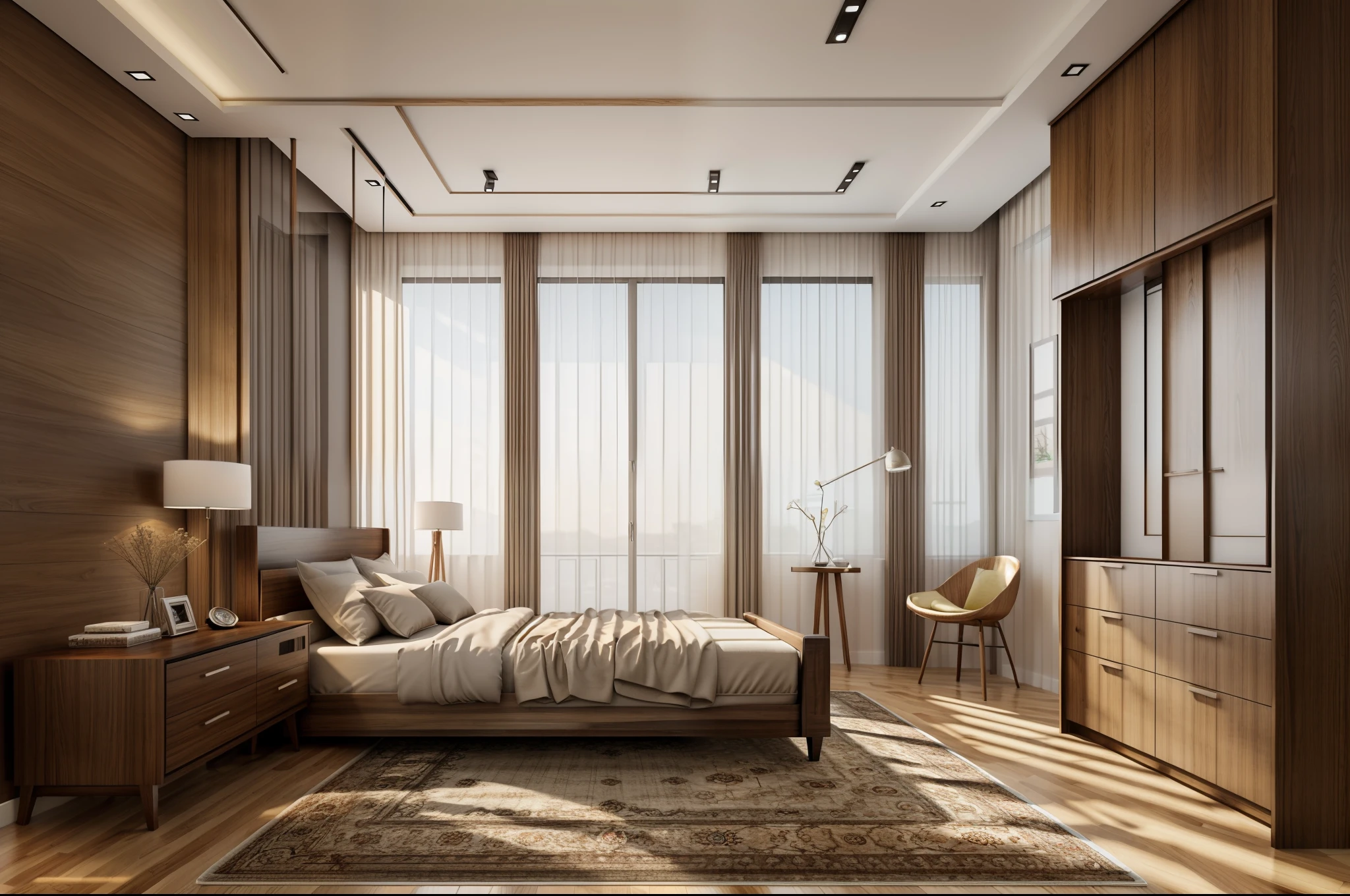 Masterpiece, high quality, best quality, authentic, super realistic, super detail, interior,modern bedroom, rug,wooden floor,window,curtains,daylight,vray