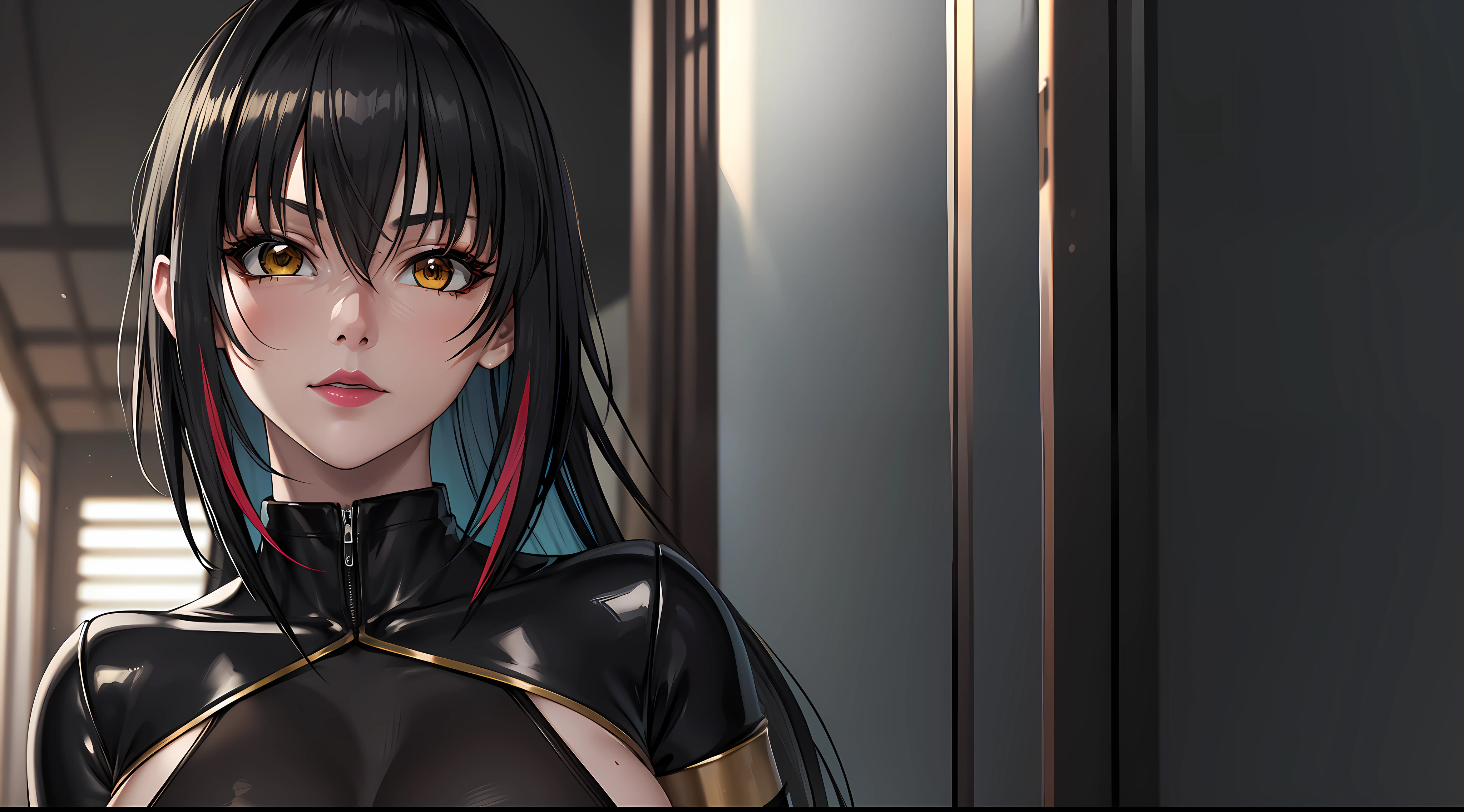 professional artwork, Intricate Details, field of view, sharp focus, detailed painting, photorealistic lighting, trending on pixiv, Standing at attention, black outfit ,yellow collared shirt,black and red bodysuit,skin_tight,black legwear, black pantyhose, Side_boob, black hair,very long hair, Bangs,yellow eyes,makeup, lipstick, 20yo,mature female,Beautiful Finger,Beautiful long legs,Beautiful body,Beautiful Nose,Beautiful character design, perfect eyes, perfect face, looking at viewer,official art,extremely detailed CG unreal engine 8k wallpaper, perfect lighting,Colorful, Bright_Front_face_Lighting, (masterpiece:1.0),(best_quality:1.0), ultra high res,4K,ultra-detailed, photography, 8K, HDR, highres, absurdres:1.2, Kodak portra 400, film grain, blurry background, (Beautiful,large_Breasts:1.4), (beautiful_face:1.5),(narrow_waist), (solo:1.4), ((landscape dimension)), rich detailed makeup, rich detailed eyeshadow, rich detailed lips, rich detailed lipstick, beautiful detail eyes