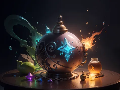 um close up de uma garrafa com uma luz brilhando sobre ela, concept art magical highlight, painting of one health potion, potion...