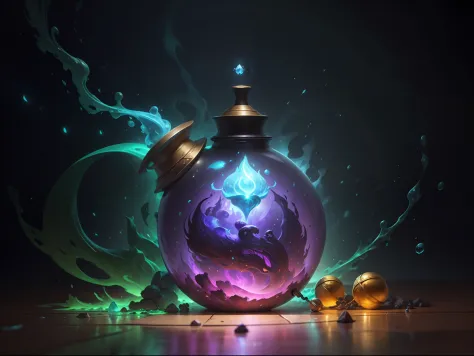 um close up de uma garrafa com uma luz brilhando sobre ela, concept art magical highlight, painting of one health potion, potion...