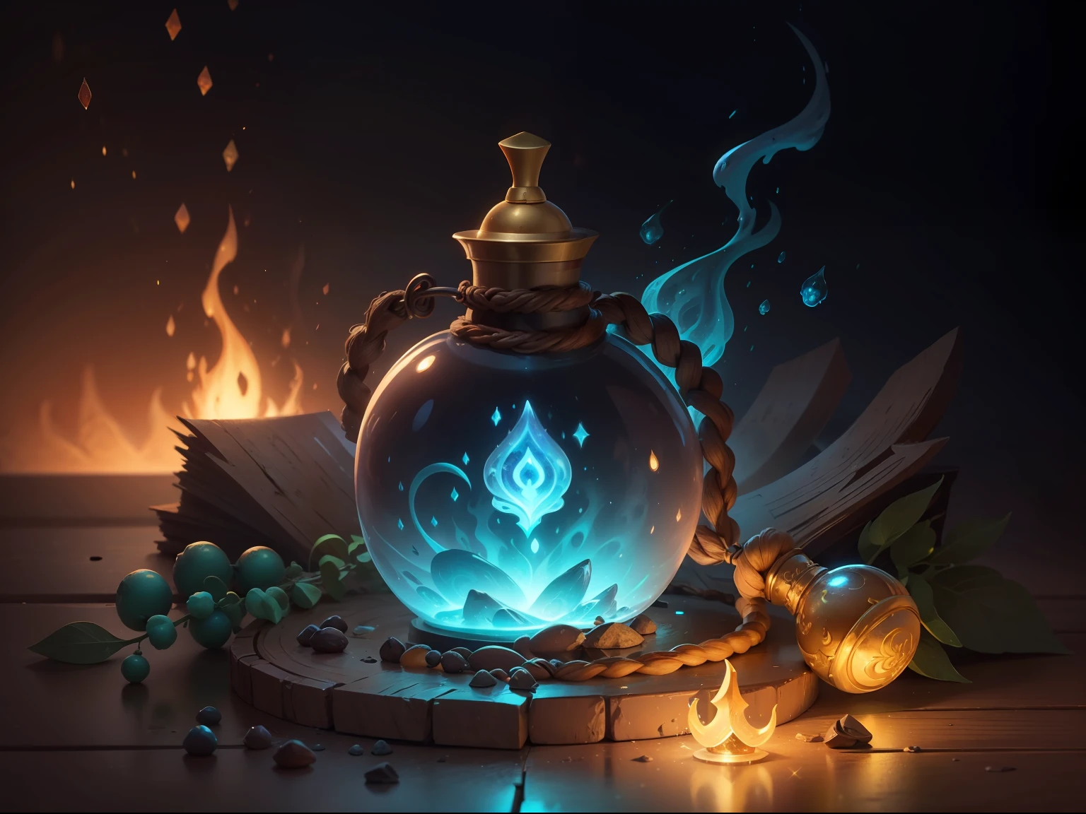 um close up de uma garrafa com uma luz brilhando sobre ela, concept art magical highlight, painting of one health potion, potion of healing, magical potions, fantasy game spell, fantasy game spell symbol, frasco de estrelas, estilo de arte de jogo de fantasia, holy fire spell art, magic items, fantasia estilo de arte hearthstone, Magical artifact, estilo de arte arcano, shiny potions