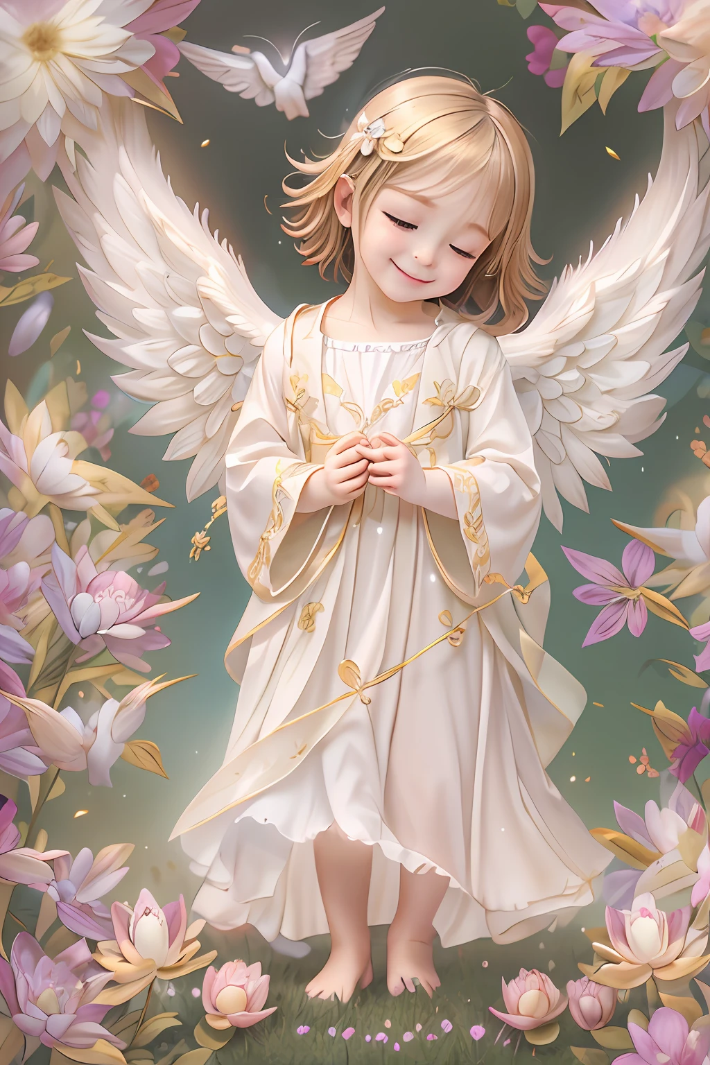 천사의 축복､밝은 배경、하트마크、유연함､미소、온화한､아기 천사