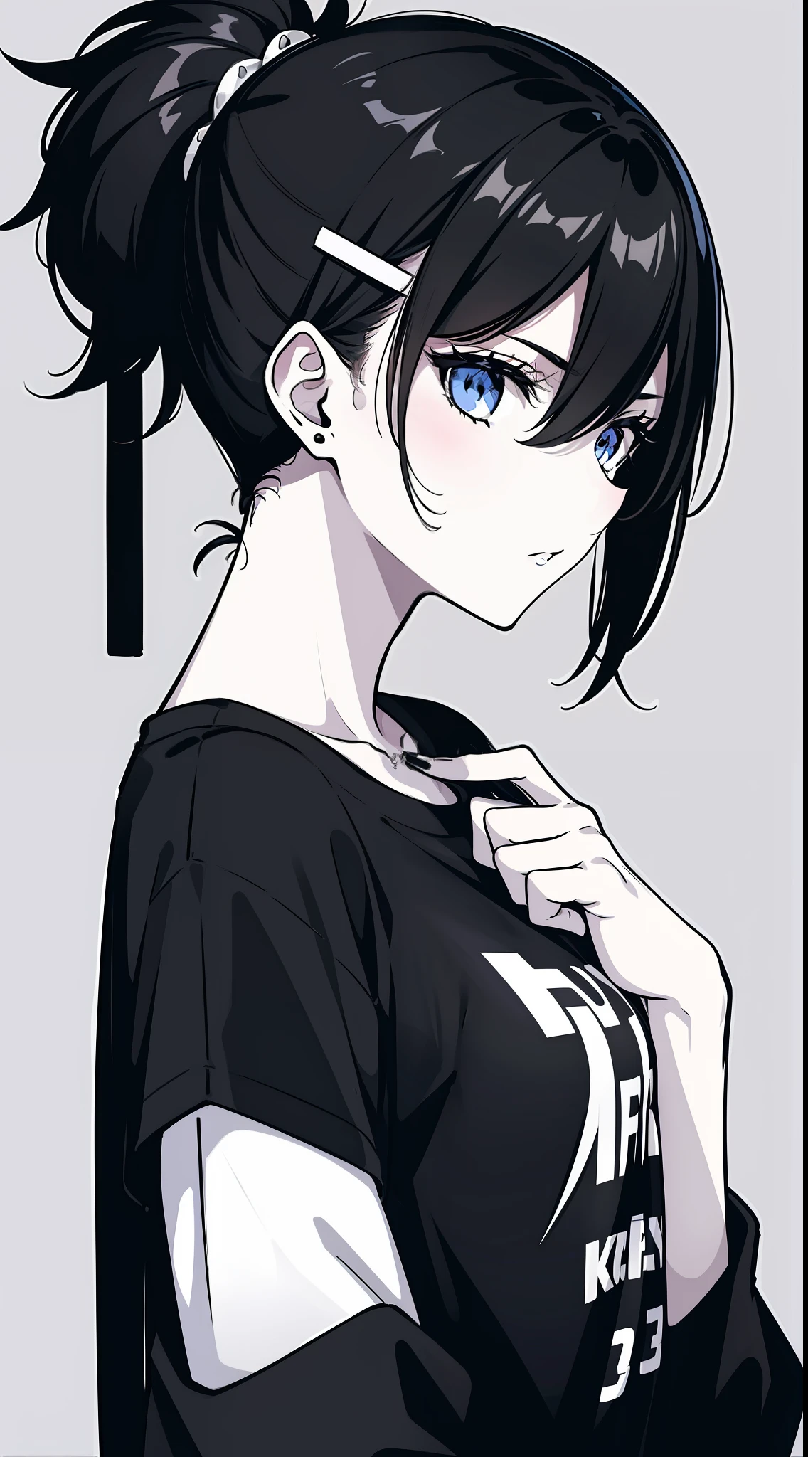 girl, side portrait, black and white, messy short hair, edgy accessories,sporty style, casual t-shirt, confident gaze, monochrome color scheme, looking to the side, chic street fashion, casual hands in pockets pose,head,((a person)),Hairpin