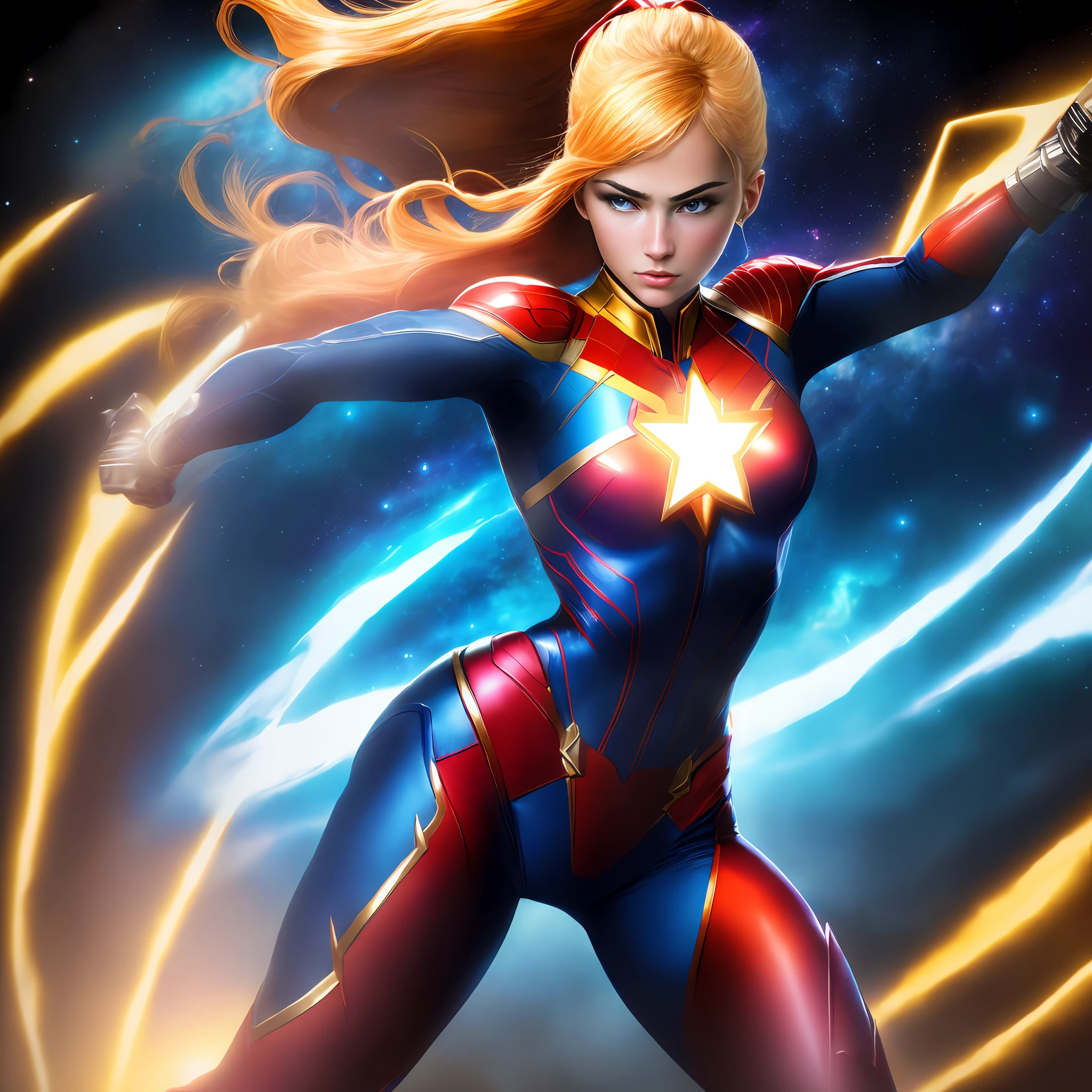 Ultra-detailed, high-resolution full-body portrait of powerful superhero Captain Marvel, posando desafiantemente con los brazos cruzados sobre su pecho. Lleva un ajustado traje azul, Red and gold that highlights her athletic and toned figure. Her blonde hair flutters dramatically behind her. En su pecho, The symbol of the star shines brightly. His youthful but determined face looks firm with a confident expression. Behind it is an epic space battle scene, with alien ships exploding in the sky. 8K rendering allows you to appreciate every little detail of the suit, su cabello y facciones faciales, as well as the detailed background, con asombroso fotorrealismo,cuerpo bien formado,en una escena de accion