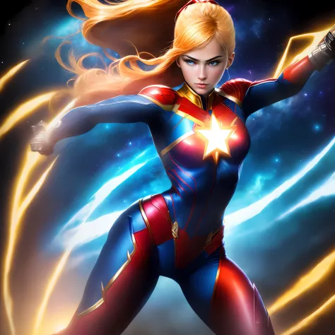 ultra-detailed, high-resolution full-body portrait of powerful superhero captain marvel, posando desafiantemente con los brazos ...