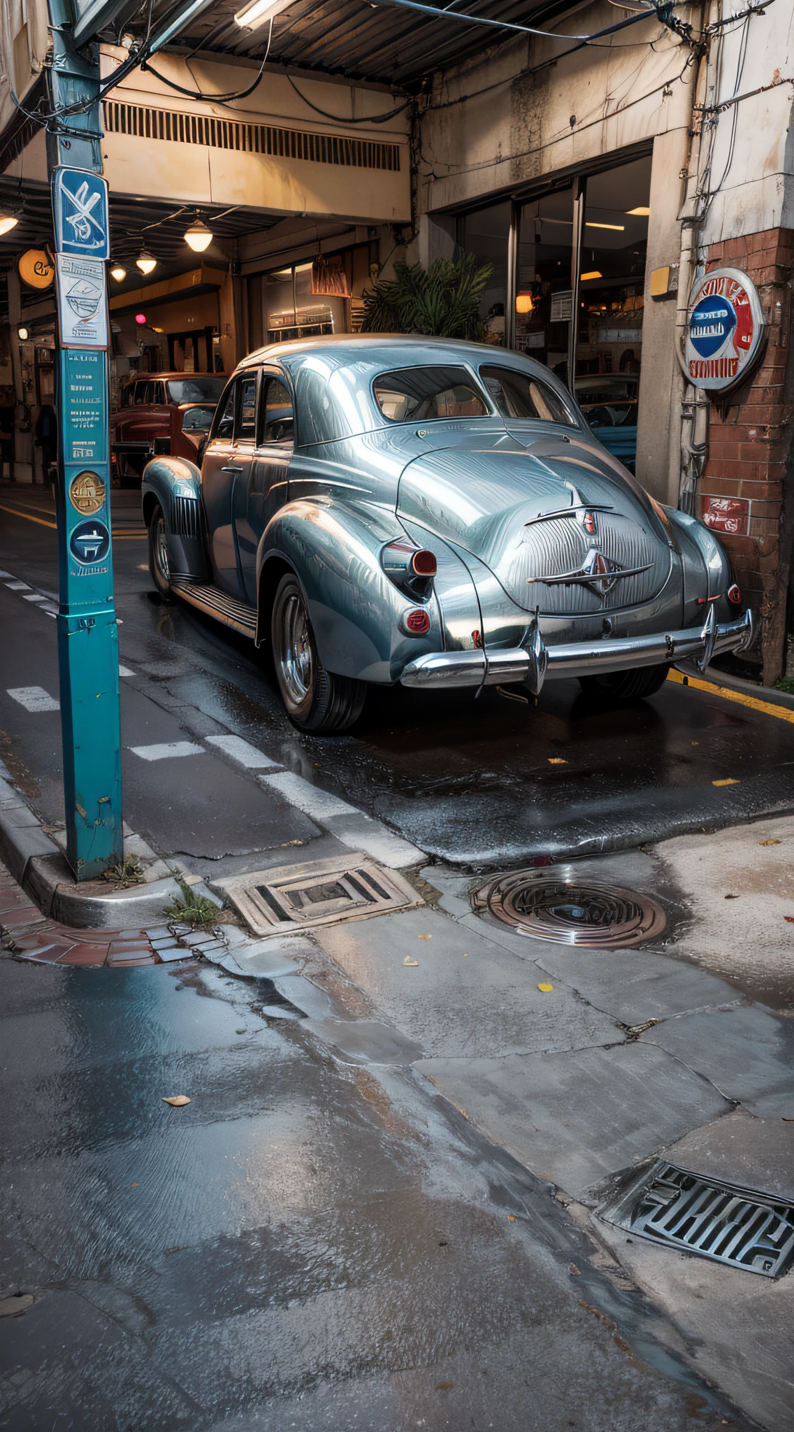 1940s silver car, ((super rrealista: 1.2)), Hi-Def, detallado, 8k