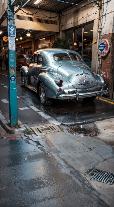 1940s silver car, ((super rrealista: 1.2)), Hi-Def, detallado, 8k