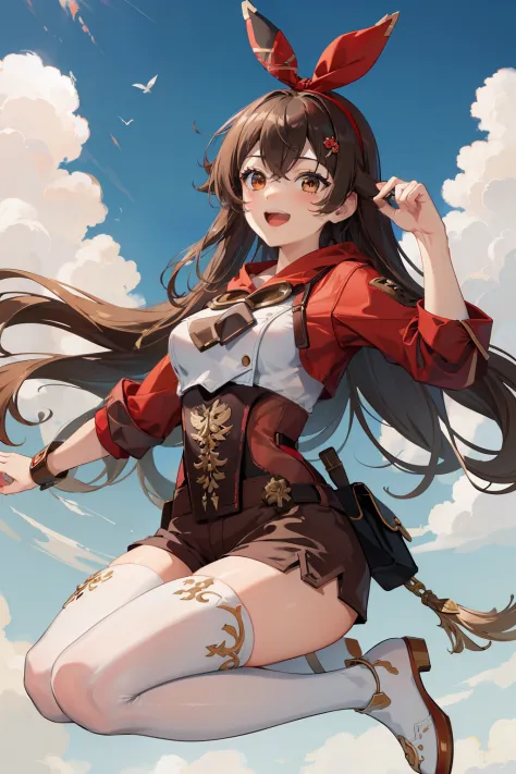 (masterpiece), (best quality), (ultra detailed),(disheveled hair),(illustration), (1girl), long brown hair, red headband, red sl...