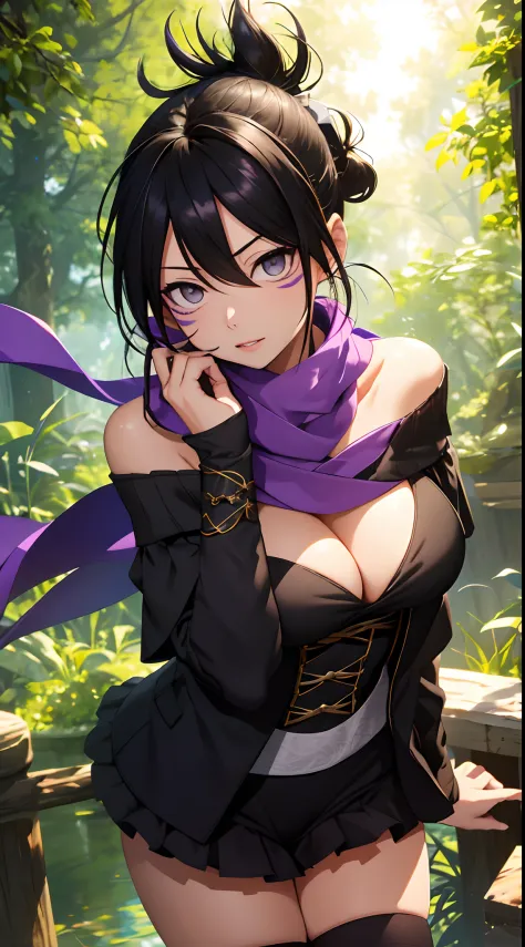 （tmasterpiece，best qualtiy：1.2），cowboy lens，独奏，focal，1girll，Off-the-shoulder attire，cleavage，Keep one's mouth shut，folded ponytail，Black tights，Purple scarf，ln the forest，Hands drooping